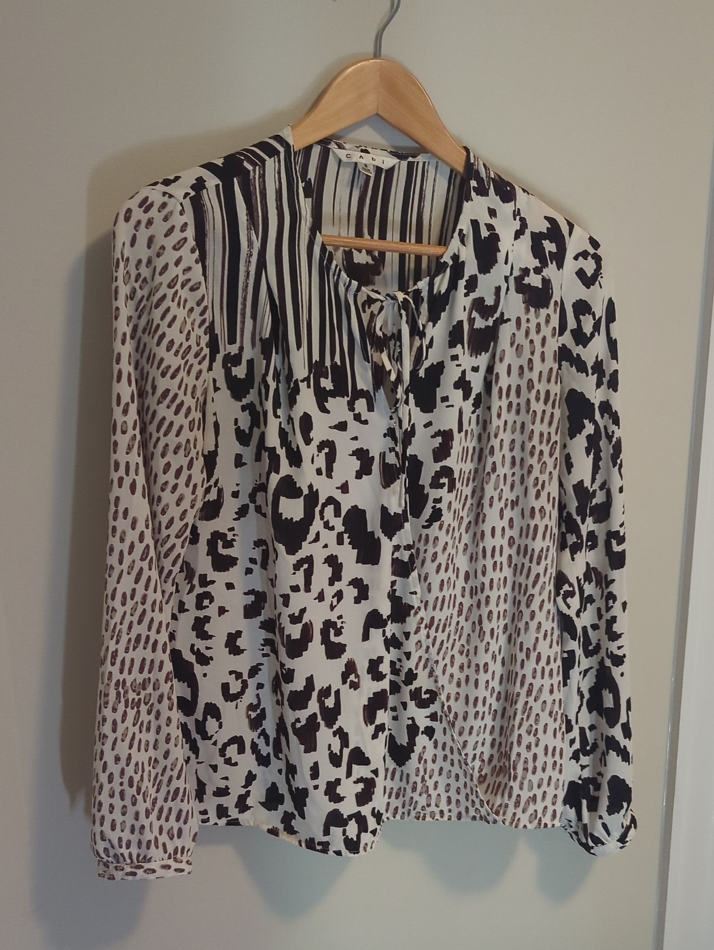 CAbi Mixed Animal Print Tie-Neck Blouse - Black & Cream